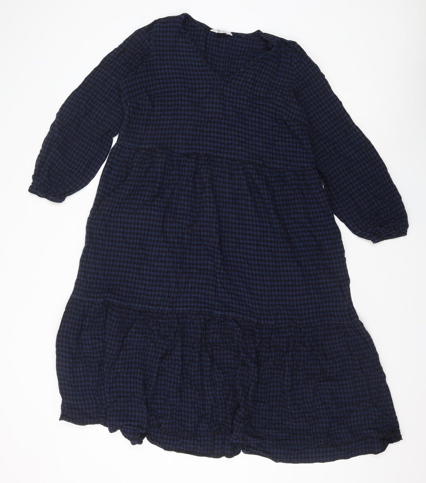 TU Womens Blue Check Viscose A-Line Size 14 V-Neck Pullover - Tiered