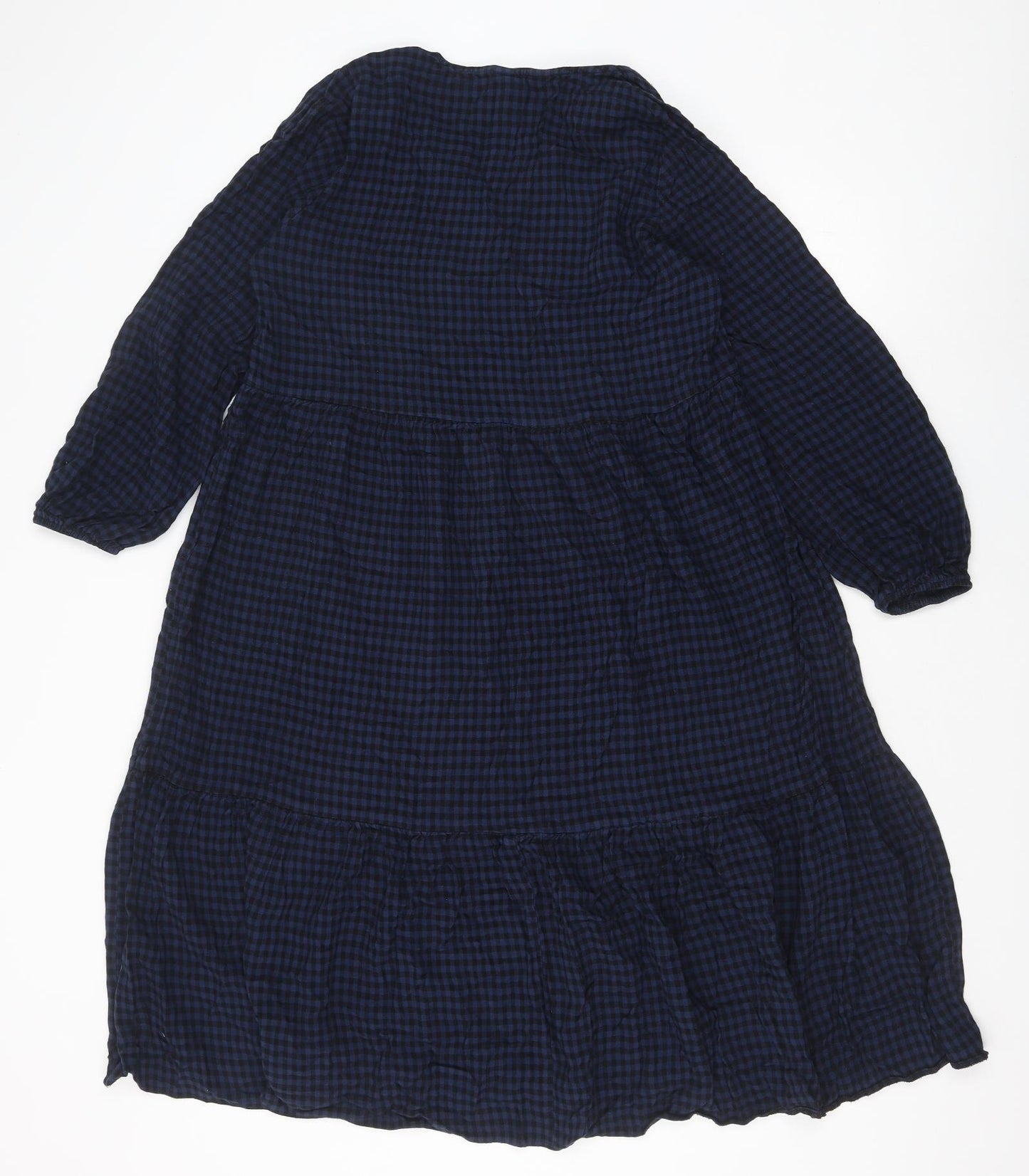 TU Womens Blue Check Viscose A-Line Size 14 V-Neck Pullover - Tiered