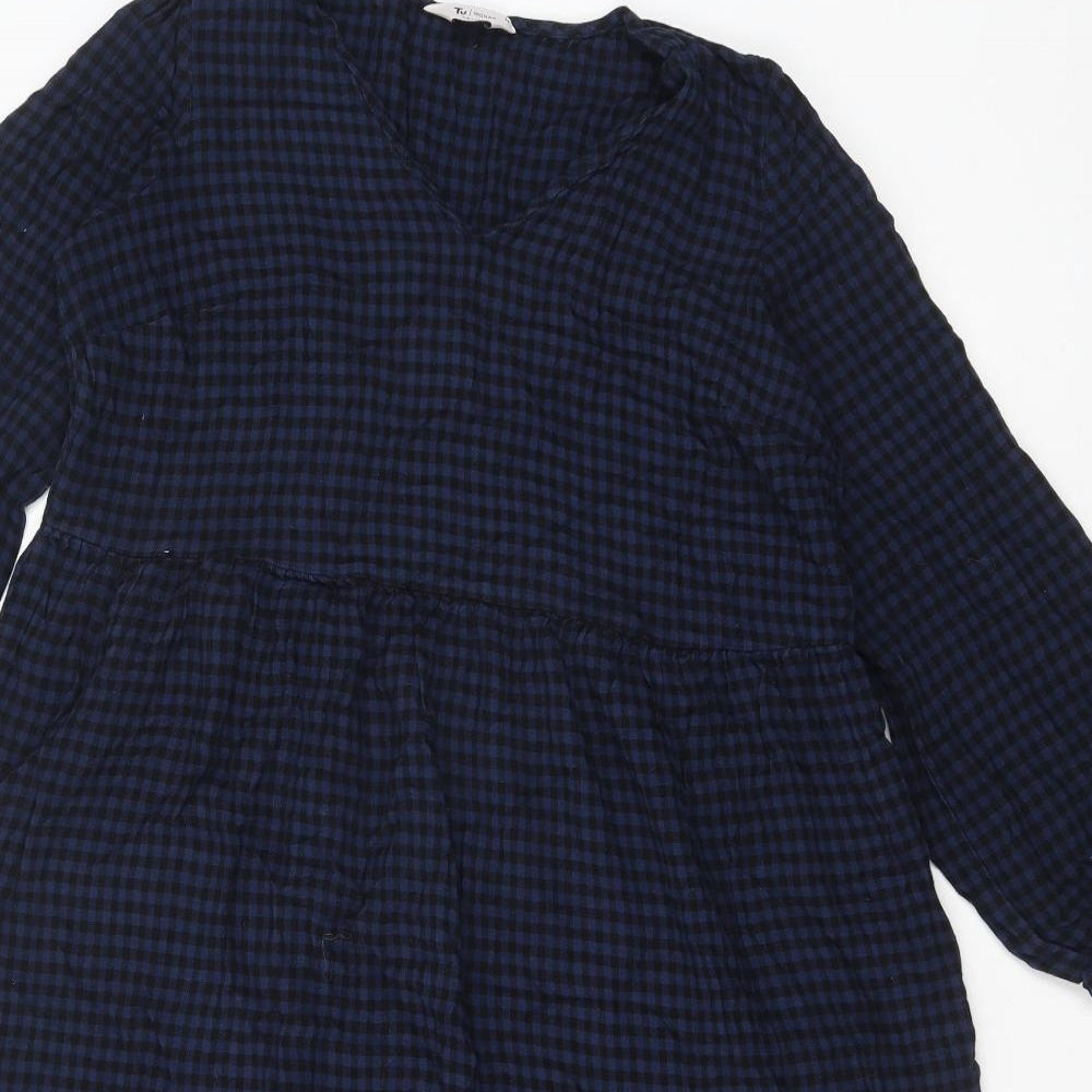 TU Womens Blue Check Viscose A-Line Size 14 V-Neck Pullover - Tiered
