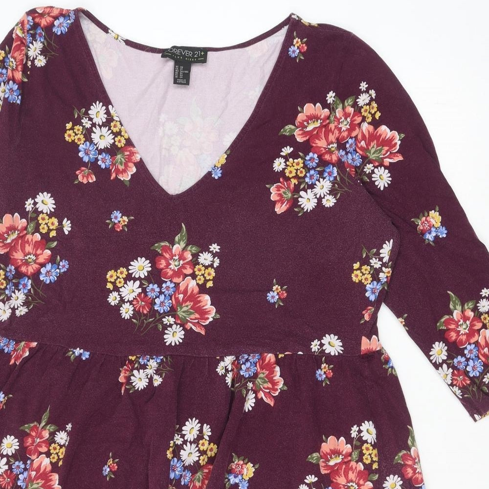 FOREVER 21 Womens Purple Floral Polyester A-Line Size 24 V-Neck Pullover