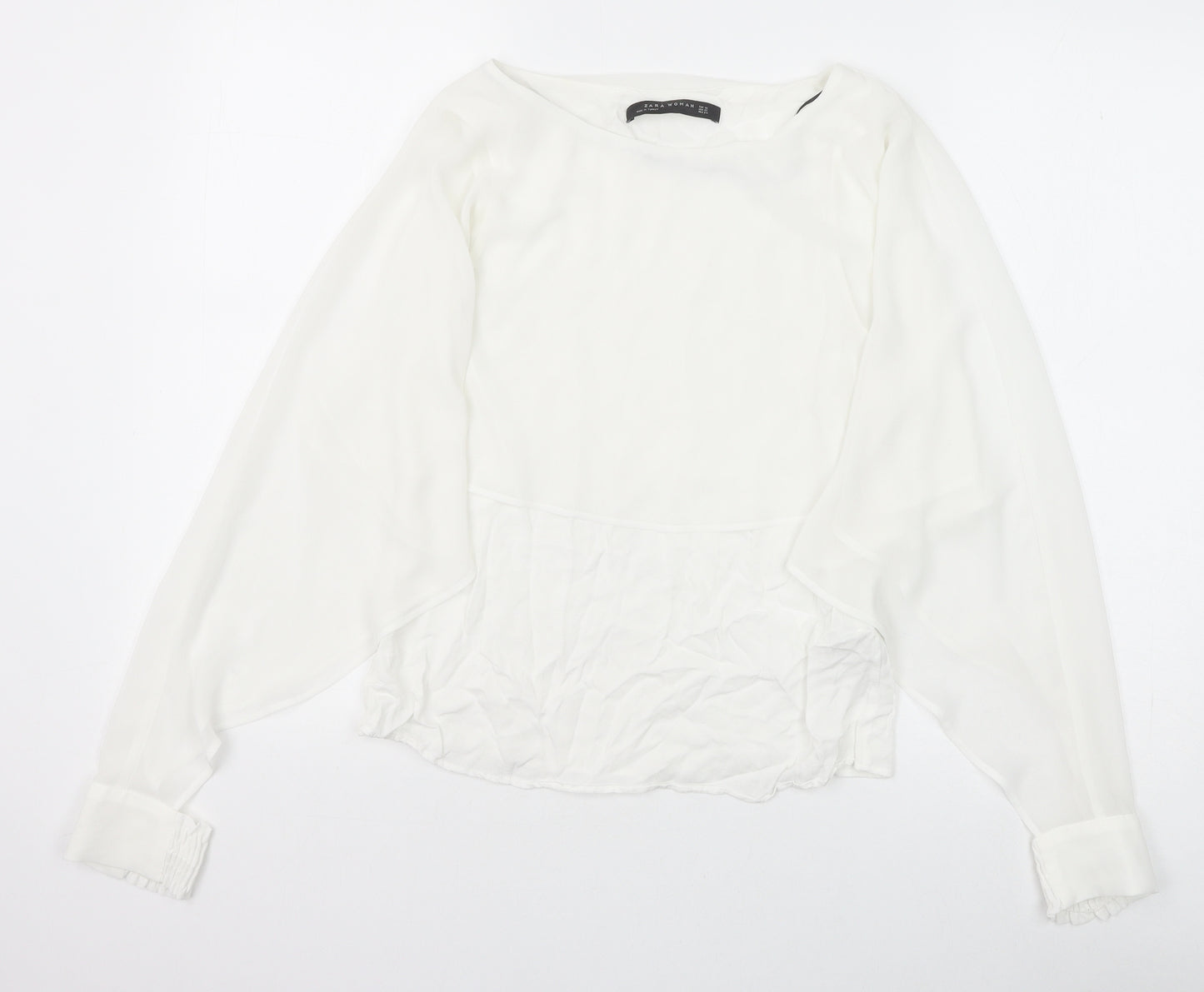 Zara Womens White Viscose Basic Blouse Size XS Boat Neck - Split Sleeve