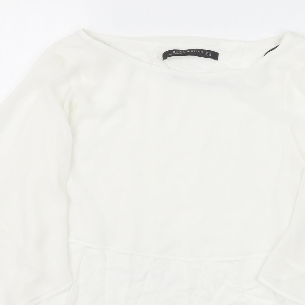 Zara Womens White Viscose Basic Blouse Size XS Boat Neck - Split Sleeve