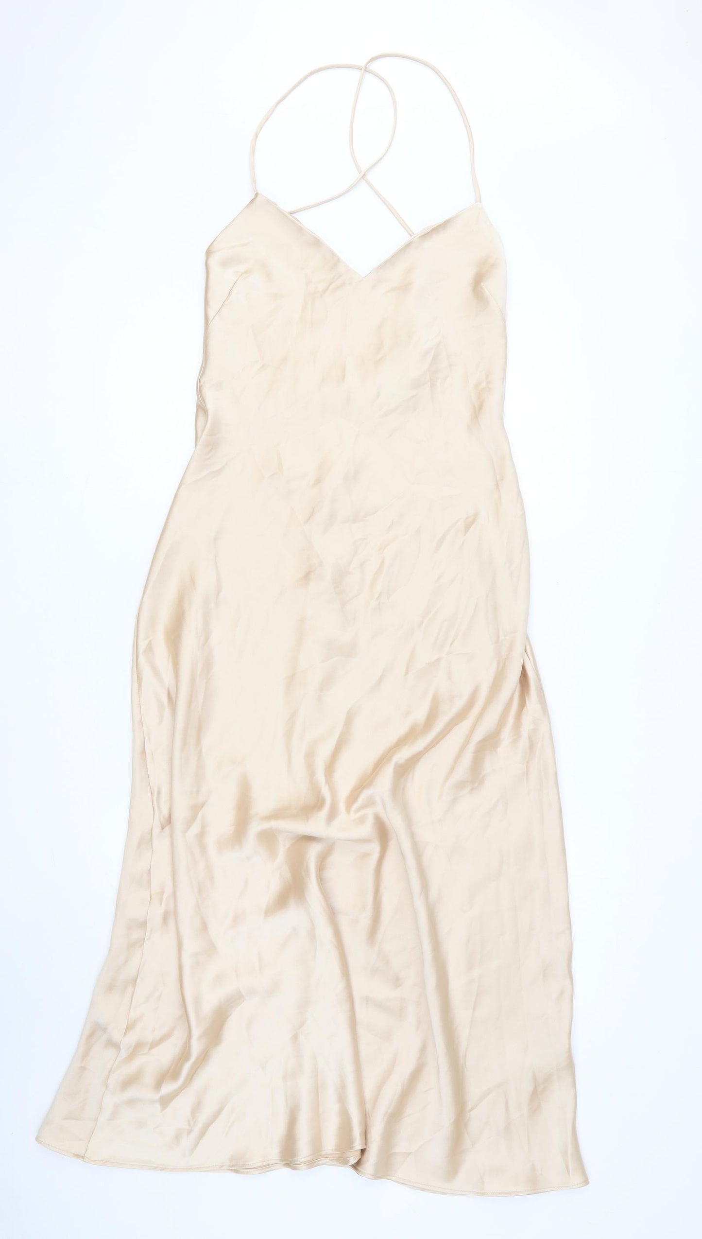 Zara Womens Beige Polyester Slip Dress Size M V-Neck Pullover