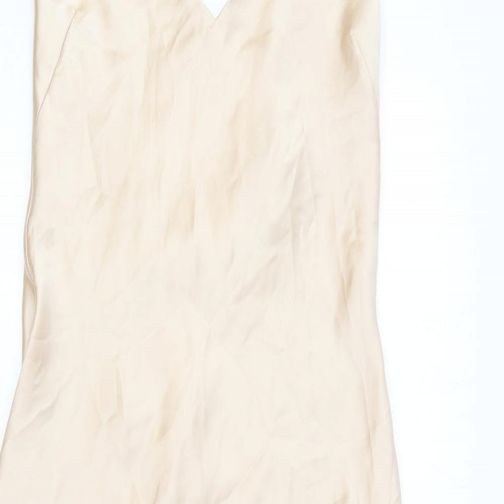 Zara Womens Beige Polyester Slip Dress Size M V-Neck Pullover