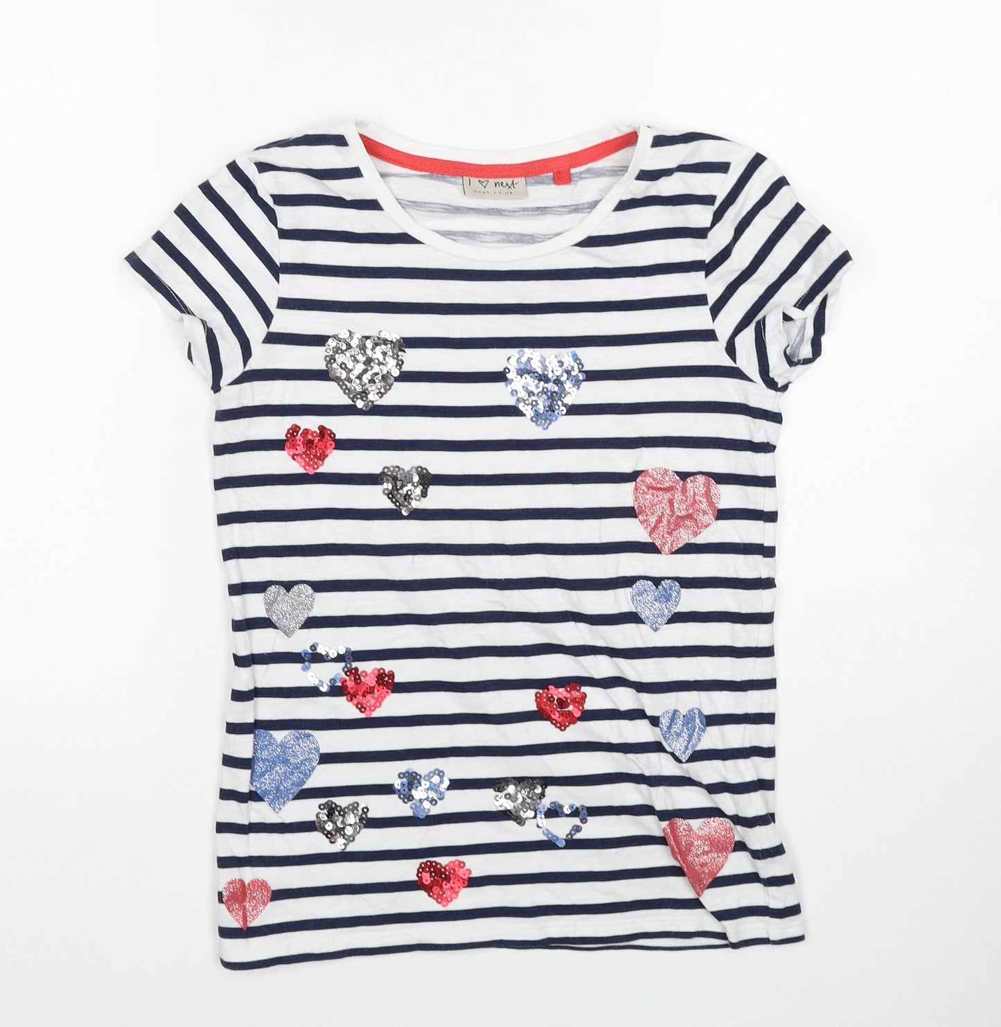 NEXT Girls Blue Striped Cotton Basic T-Shirt Size 10 Years Round Neck Pullover - Love Heart