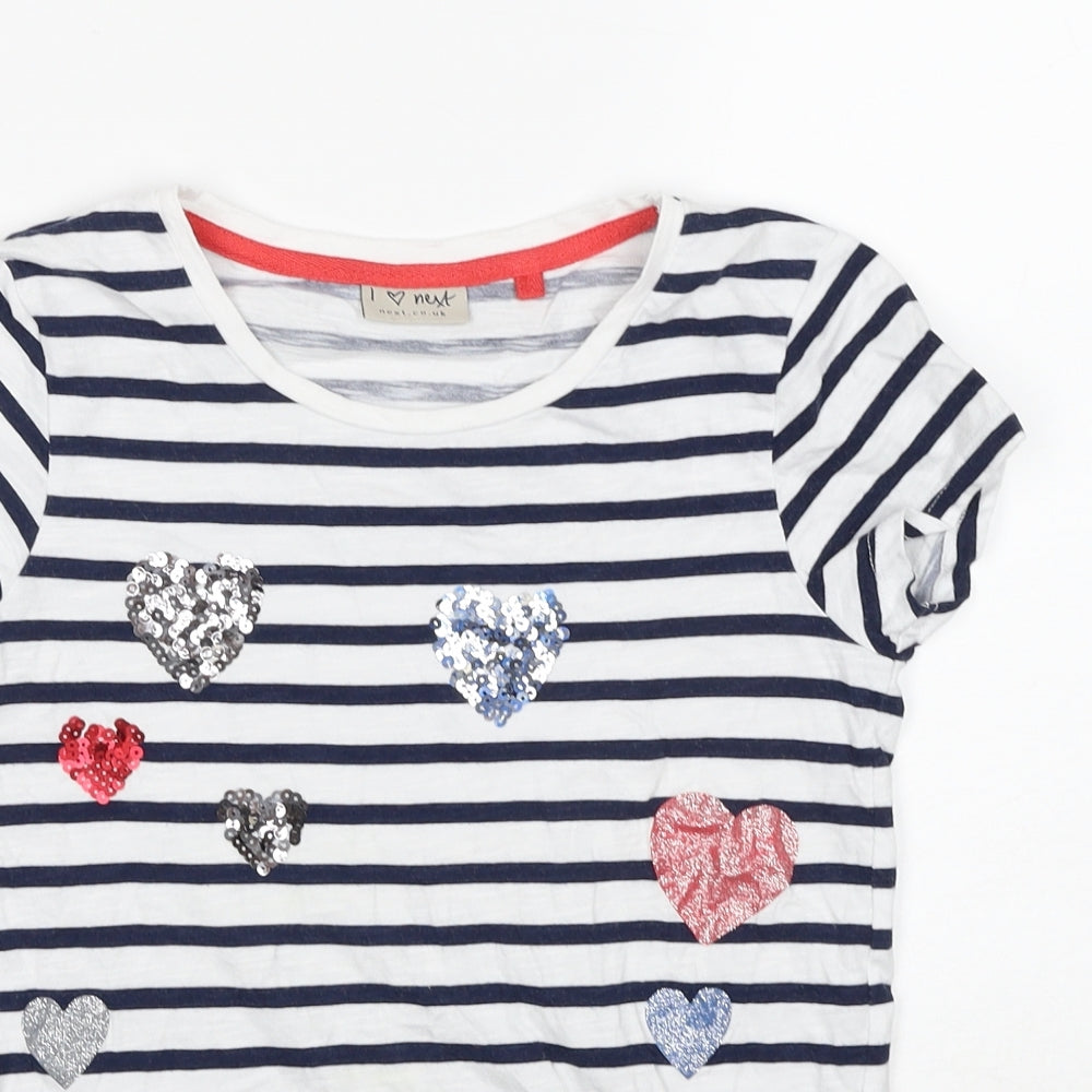 NEXT Girls Blue Striped Cotton Basic T-Shirt Size 10 Years Round Neck Pullover - Love Heart