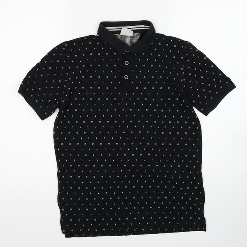 Jefferson Boys Black Geometric Cotton Basic Polo Size L Collared Button - Lightening Bolt
