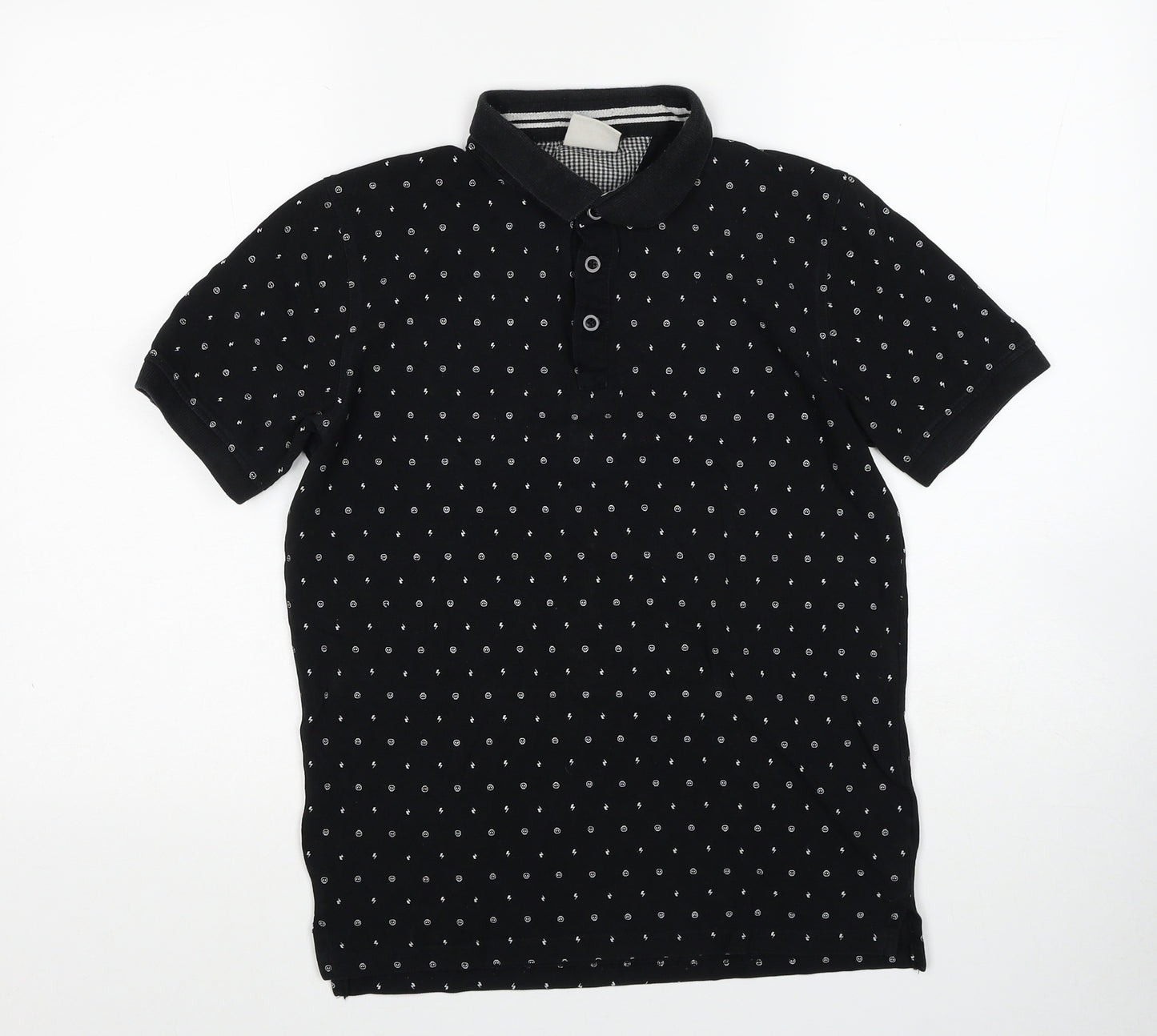 Jefferson Boys Black Geometric Cotton Basic Polo Size L Collared Button - Lightening Bolt