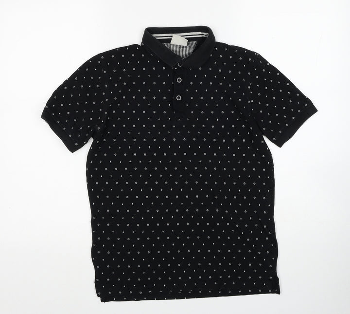 Jefferson Boys Black Geometric Cotton Basic Polo Size L Collared Button - Lightening Bolt