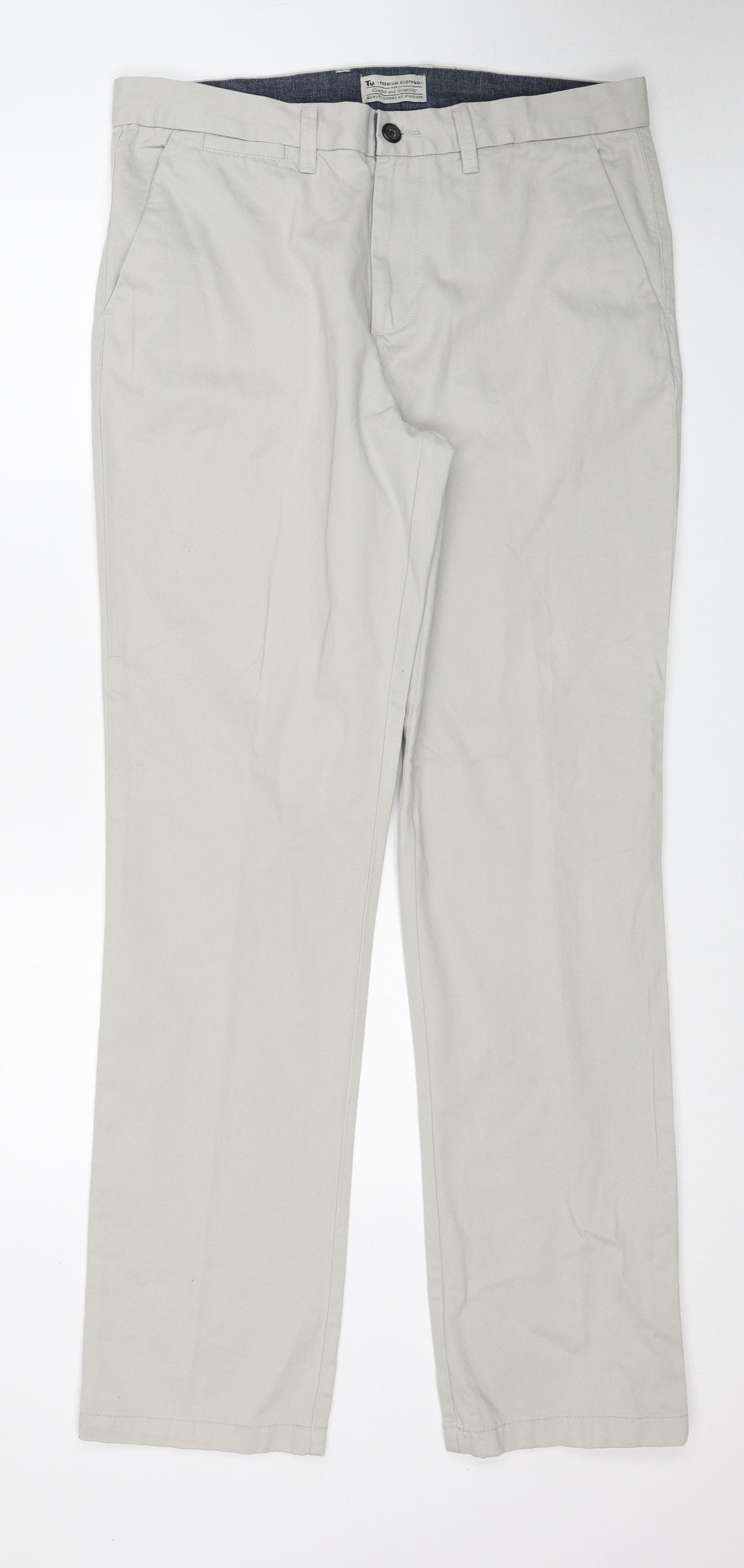 TU Mens Grey Cotton Chino Trousers Size 34 in L34 in Regular Zip