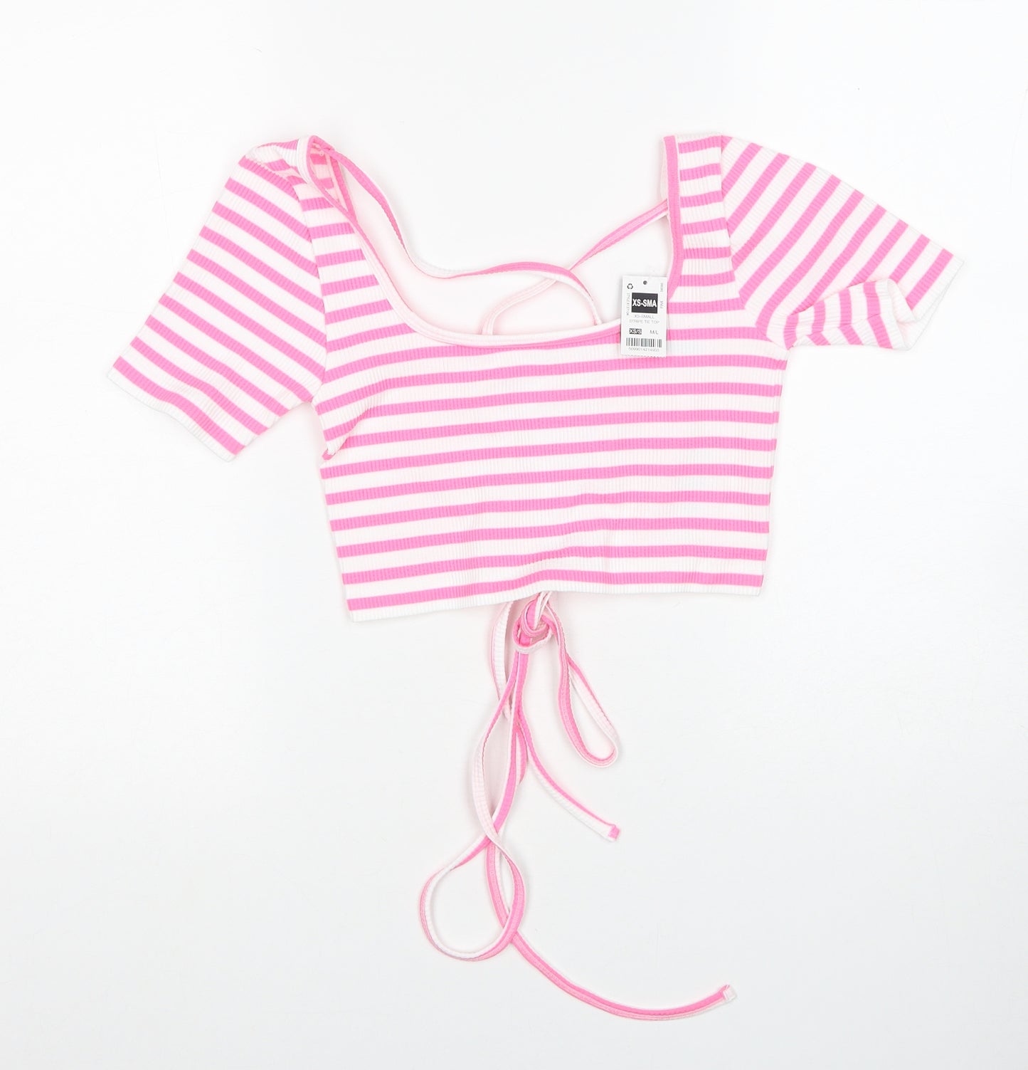Dunnes Stores Womens Pink Striped Polyamide Cropped T-Shirt Size XS Square Neck - Size XS-S