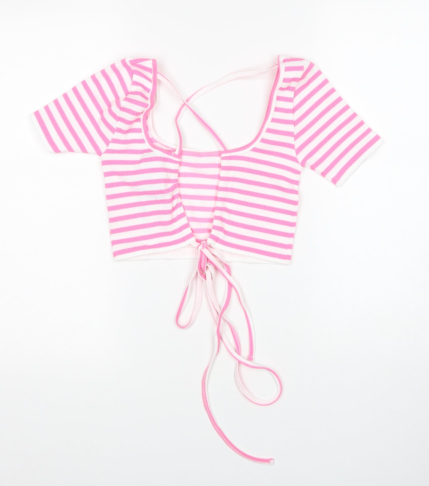 Dunnes Stores Womens Pink Striped Polyamide Cropped T-Shirt Size XS Square Neck - Size XS-S