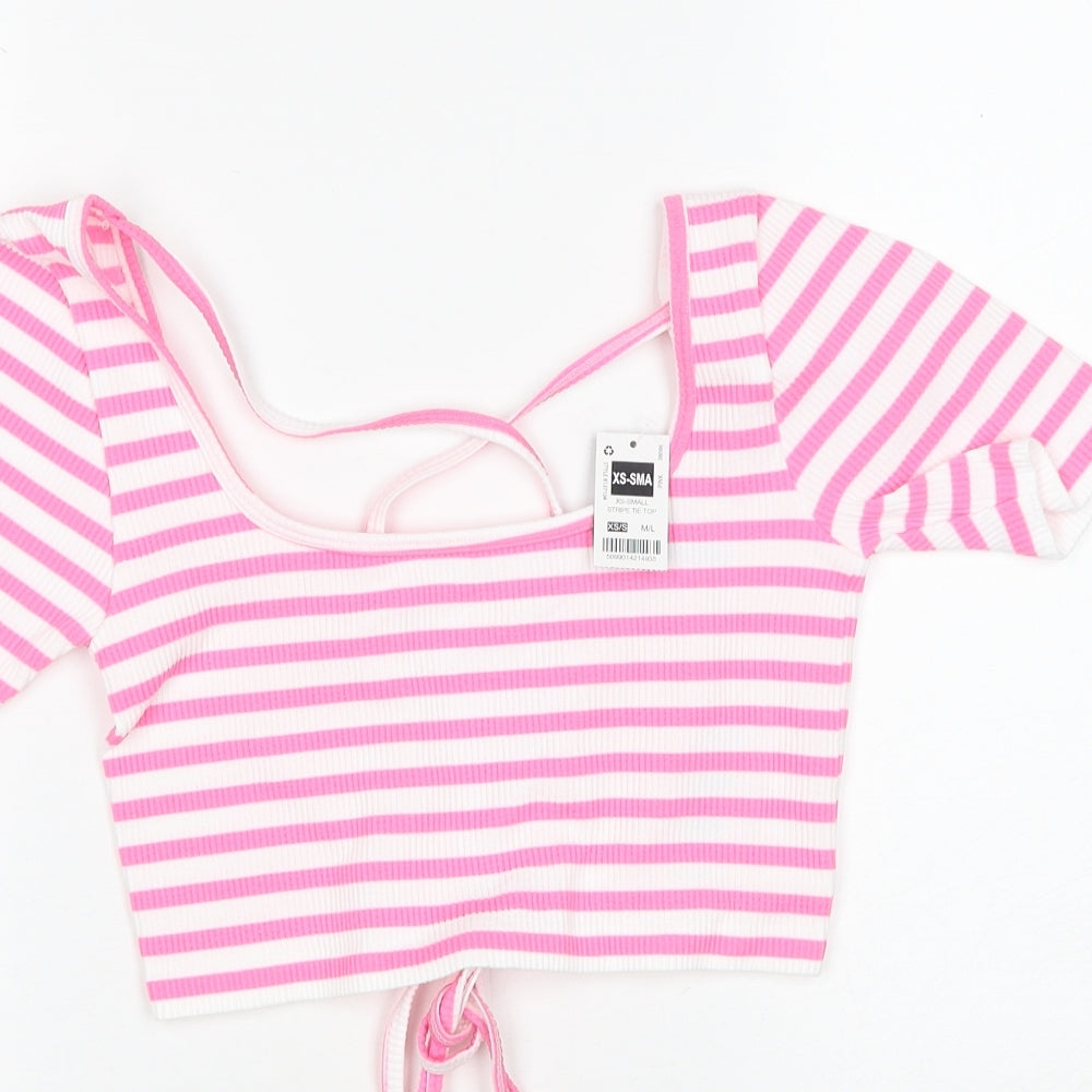 Dunnes Stores Womens Pink Striped Polyamide Cropped T-Shirt Size XS Square Neck - Size XS-S