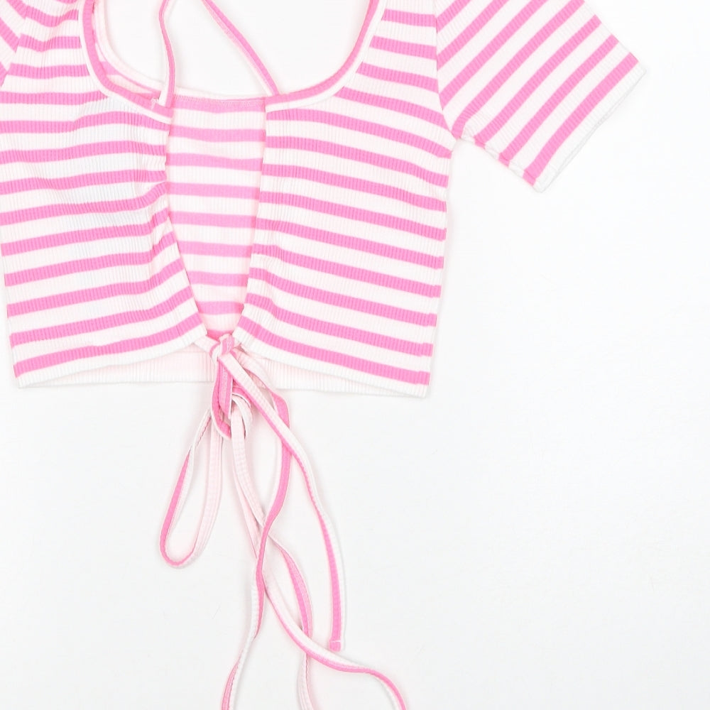 Dunnes Stores Womens Pink Striped Polyamide Cropped T-Shirt Size XS Square Neck - Size XS-S