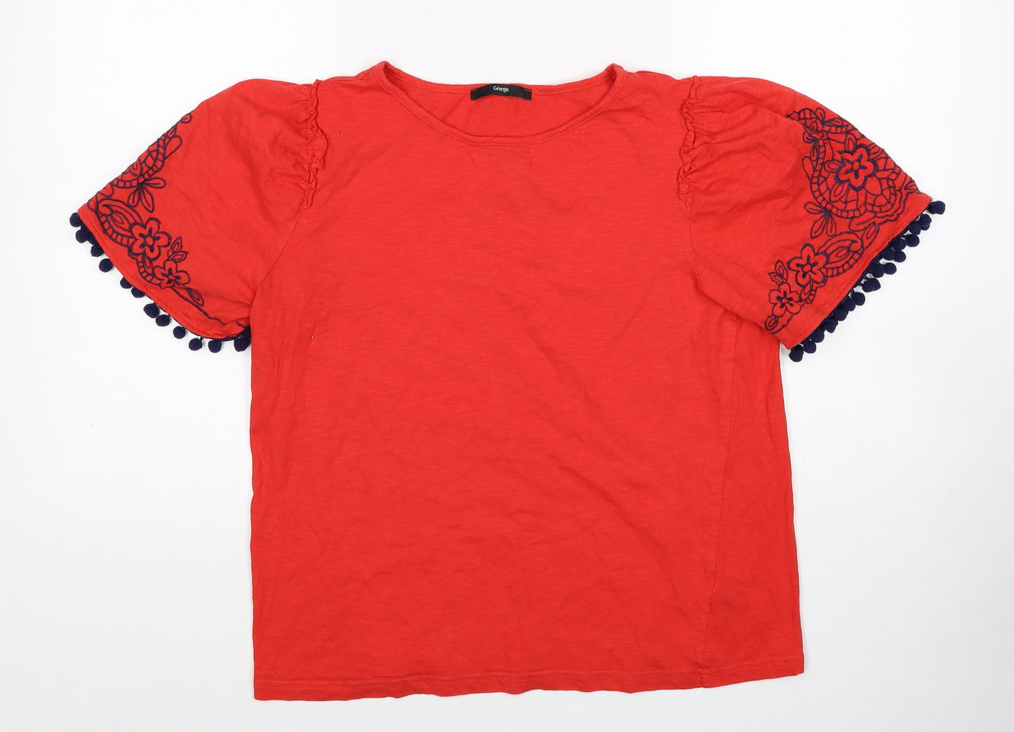 George Womens Red Cotton Basic T-Shirt Size 18 Boat Neck - Pom Pom Sleeve Trim