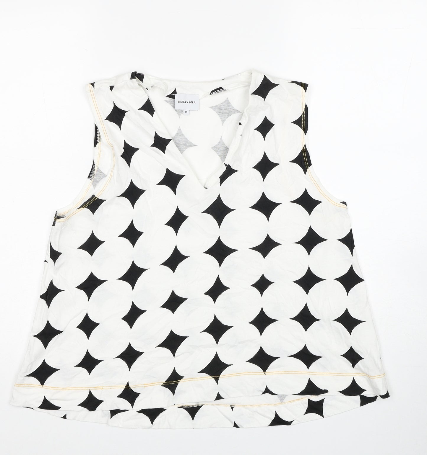 BIMBA Y LOLA Womens White Geometric Cotton Basic Tank Size M V-Neck