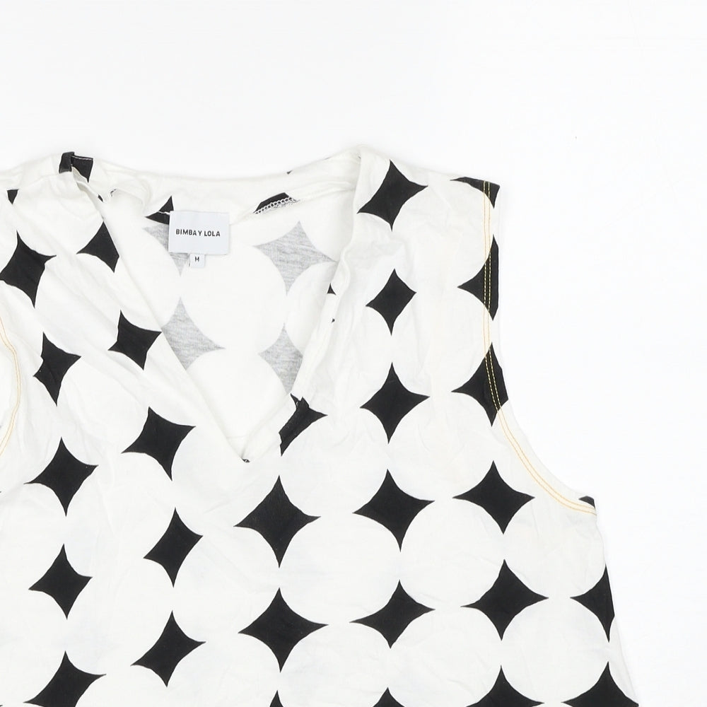 BIMBA Y LOLA Womens White Geometric Cotton Basic Tank Size M V-Neck