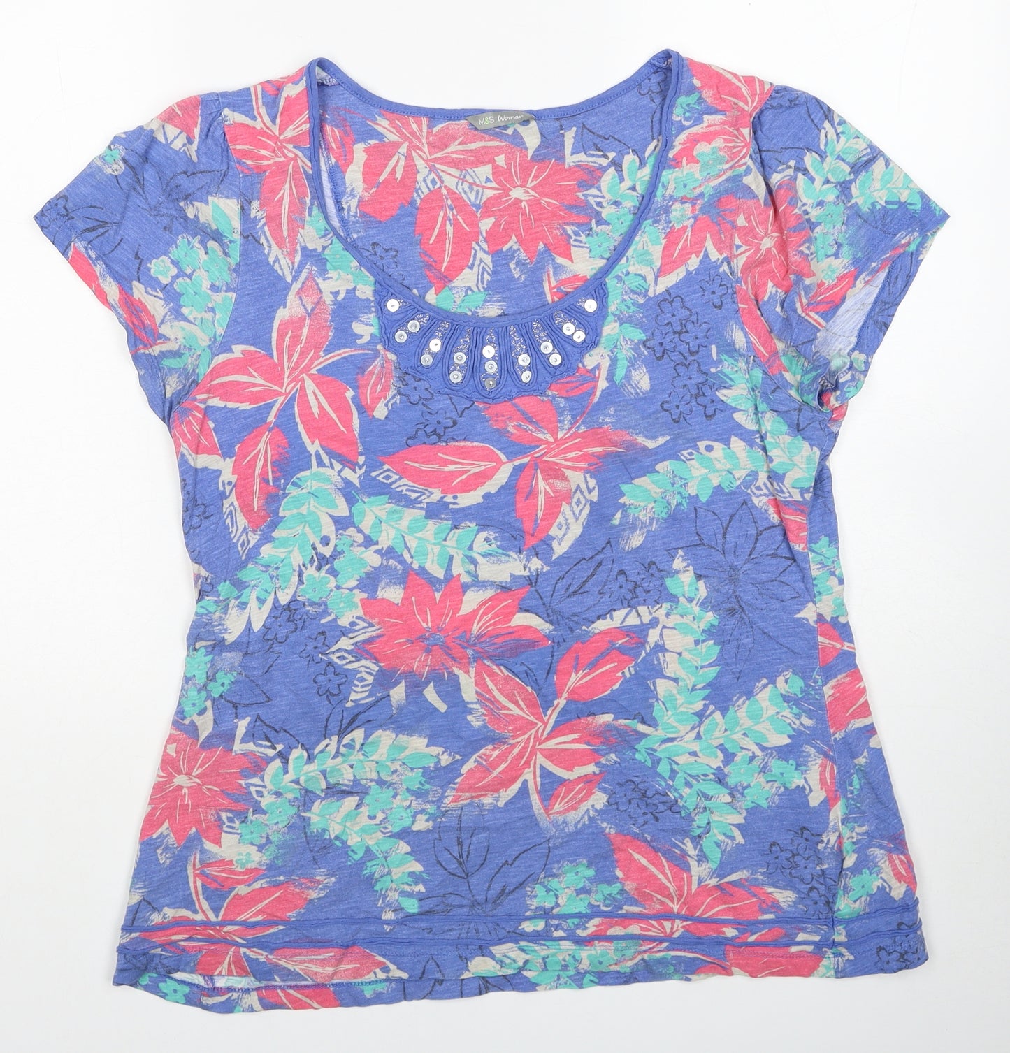 Marks and Spencer Womens Blue Floral Cotton Basic T-Shirt Size 14 Scoop Neck