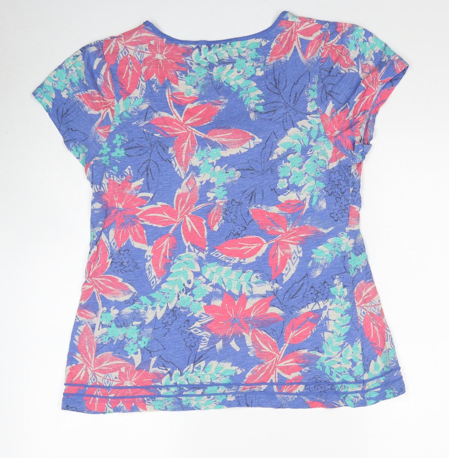 Marks and Spencer Womens Blue Floral Cotton Basic T-Shirt Size 14 Scoop Neck