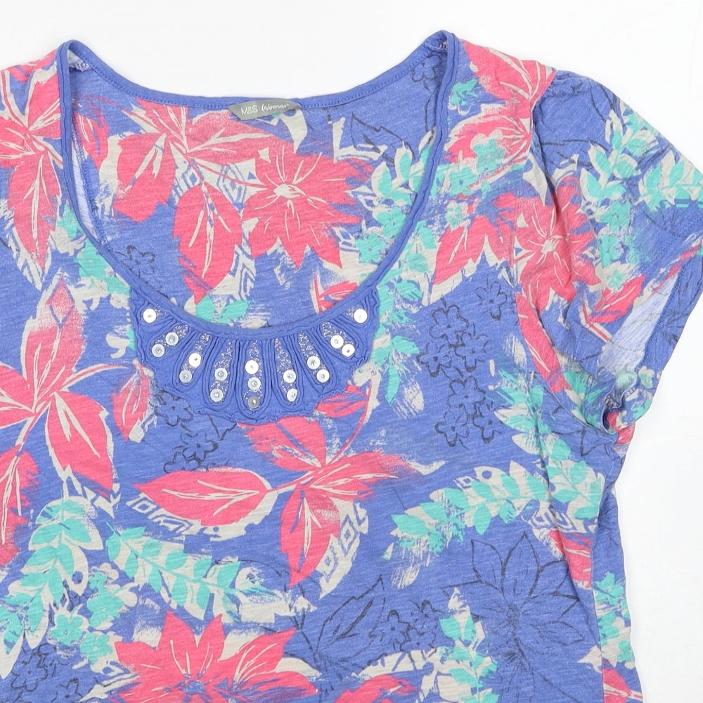 Marks and Spencer Womens Blue Floral Cotton Basic T-Shirt Size 14 Scoop Neck