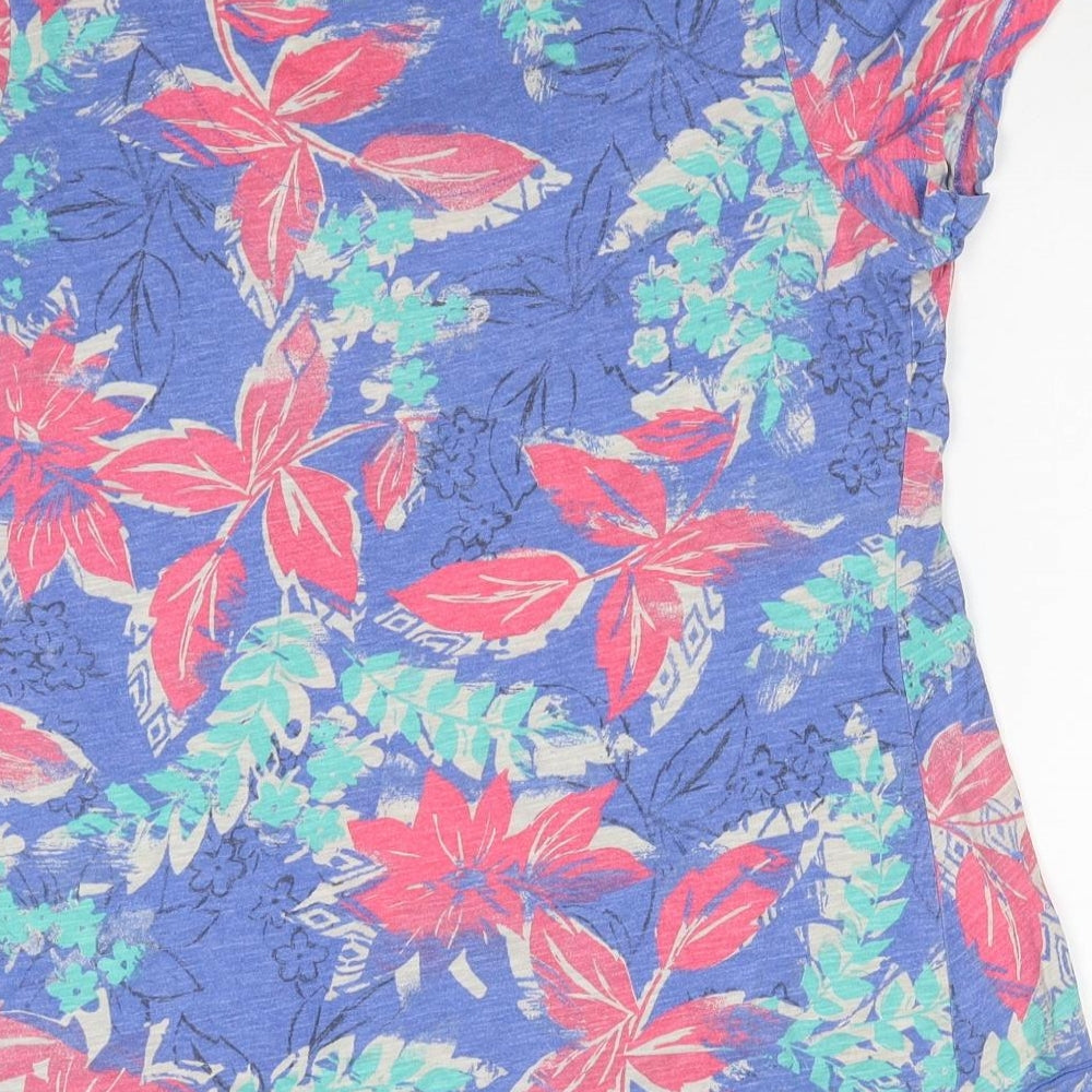 Marks and Spencer Womens Blue Floral Cotton Basic T-Shirt Size 14 Scoop Neck