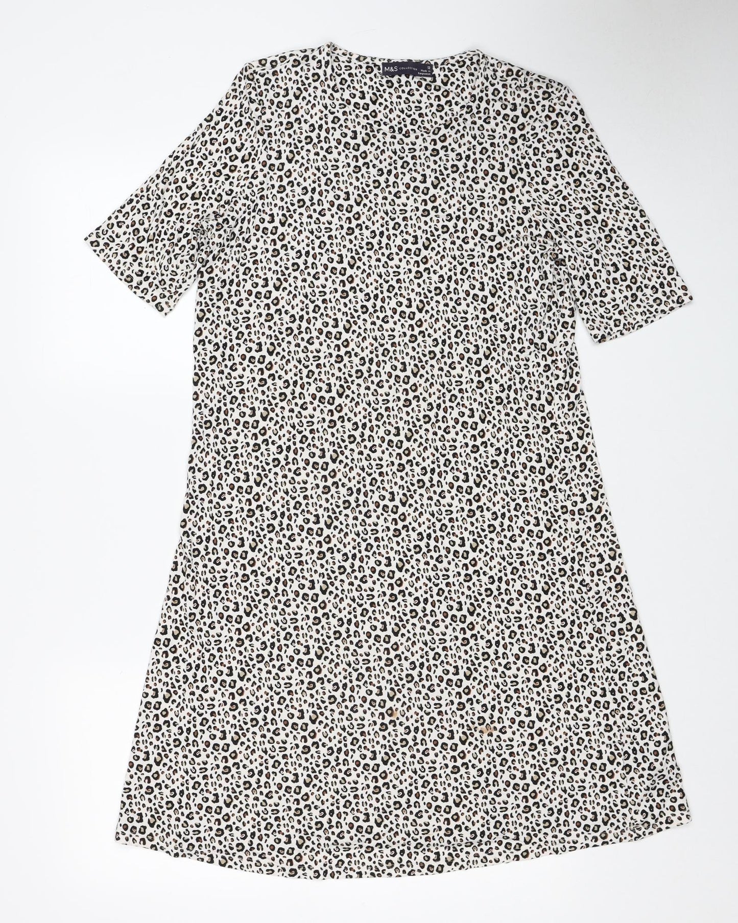Marks and Spencer Womens White Animal Print Viscose A-Line Size 12 Round Neck - Leopard Print