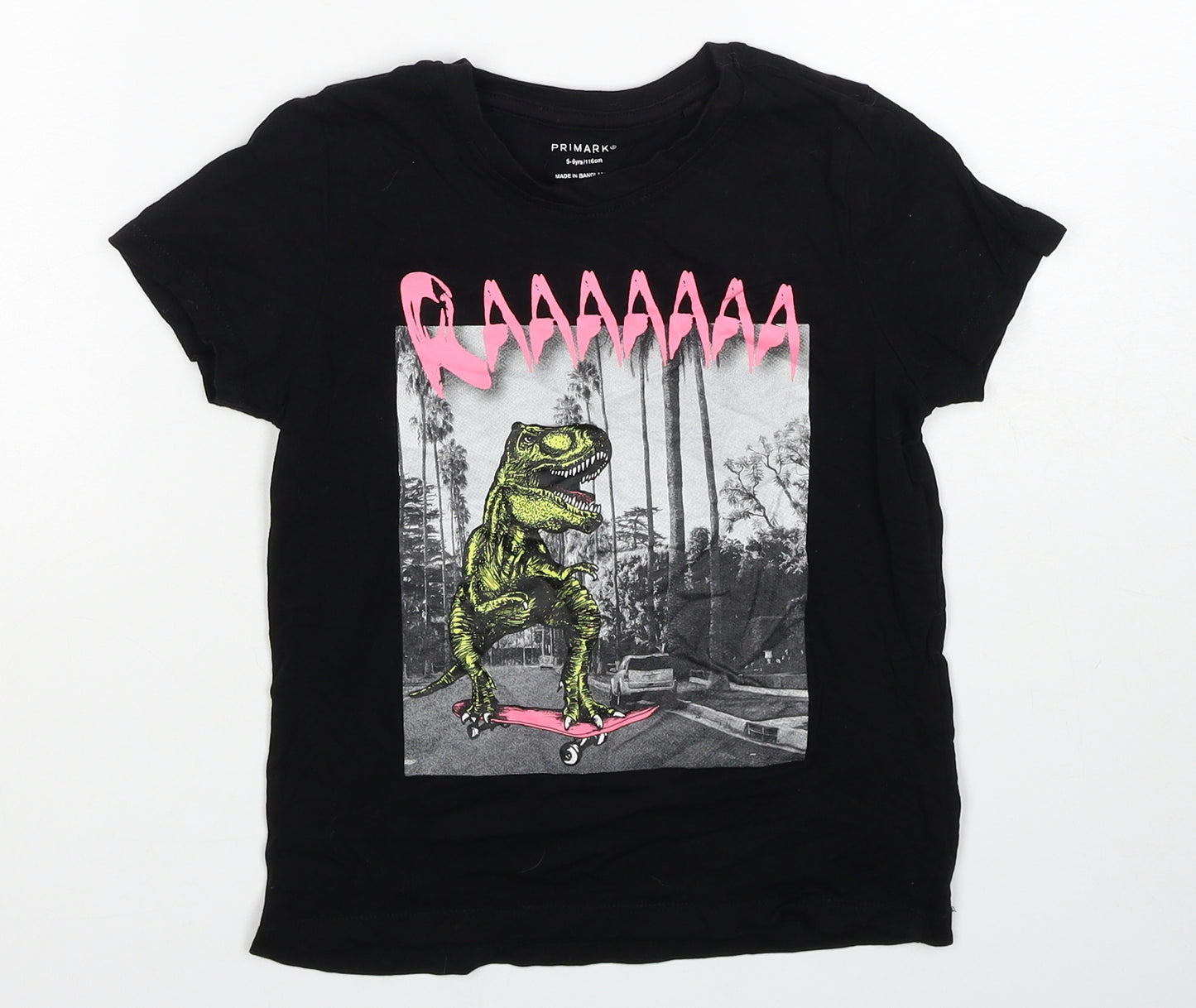 Primark Boys Black Cotton Basic T-Shirt Size 5-6 Years Round Neck Pullover - Dinosaur