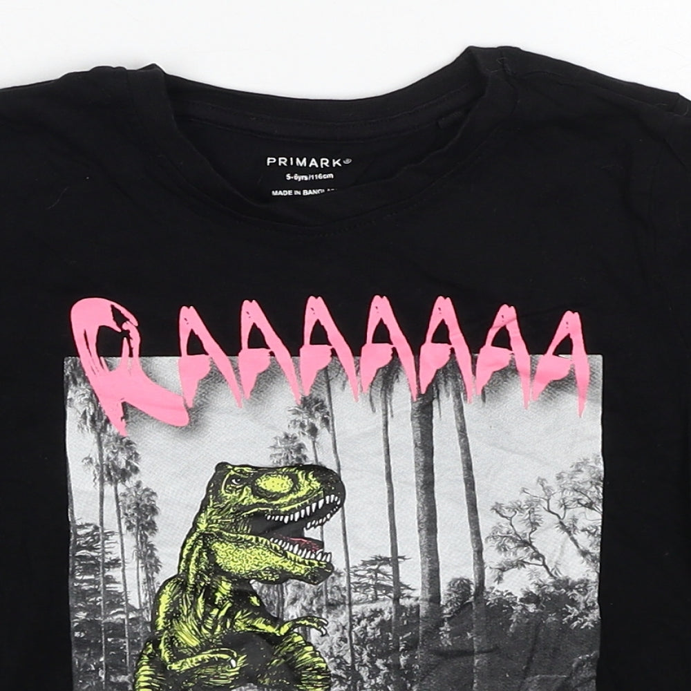 Primark Boys Black Cotton Basic T-Shirt Size 5-6 Years Round Neck Pullover - Dinosaur