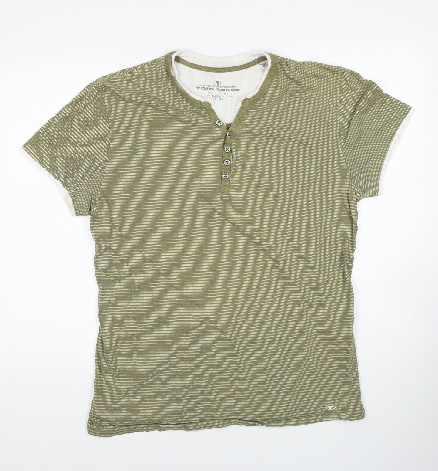 TOM TAILOR Mens Green Striped Cotton T-Shirt Size 2XL Henley