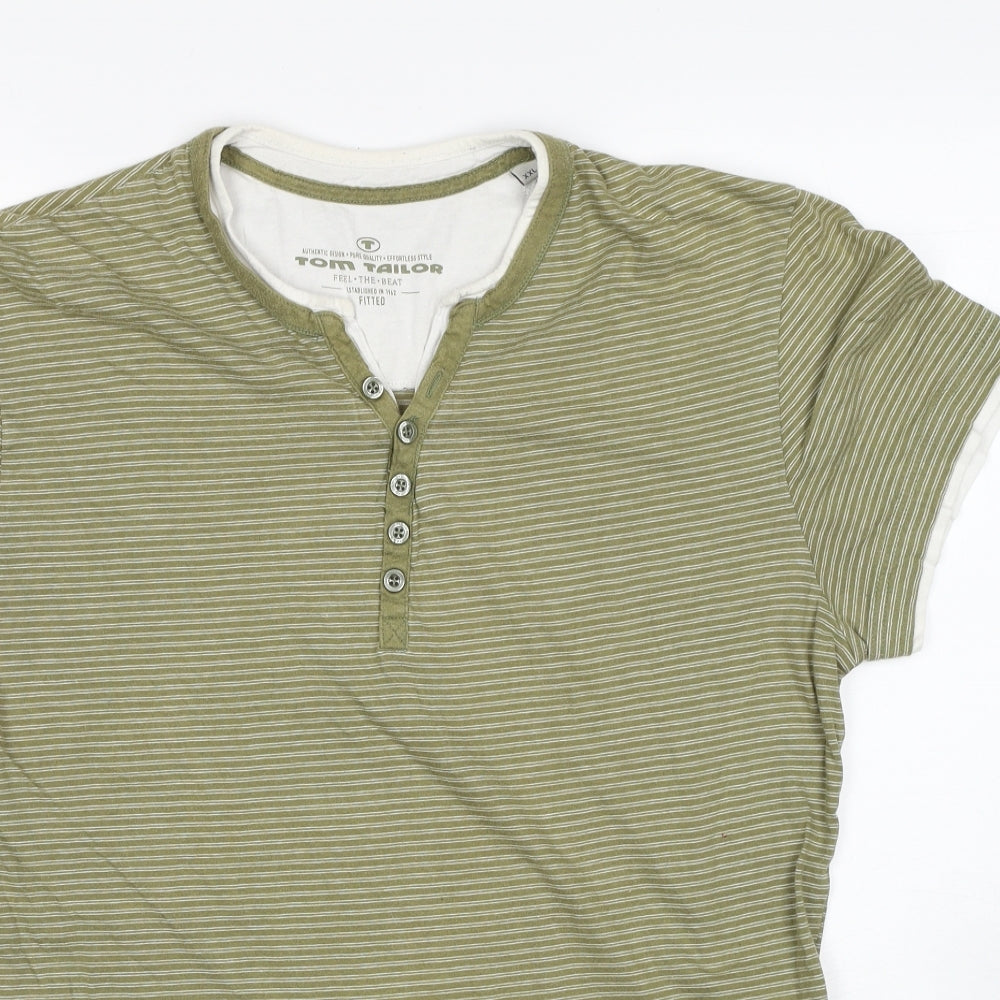 TOM TAILOR Mens Green Striped Cotton T-Shirt Size 2XL Henley
