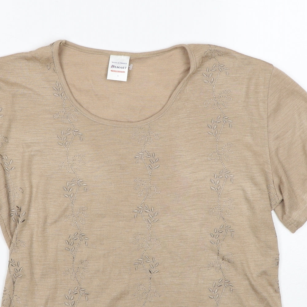Damart Womens Beige Geometric Cotton Basic T-Shirt Size S Round Neck