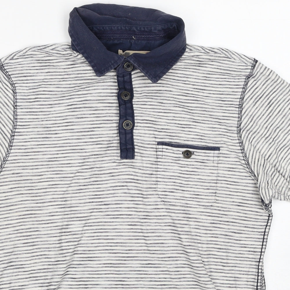 Marks and Spencer Mens White Striped Cotton Polo Size S Collared Button
