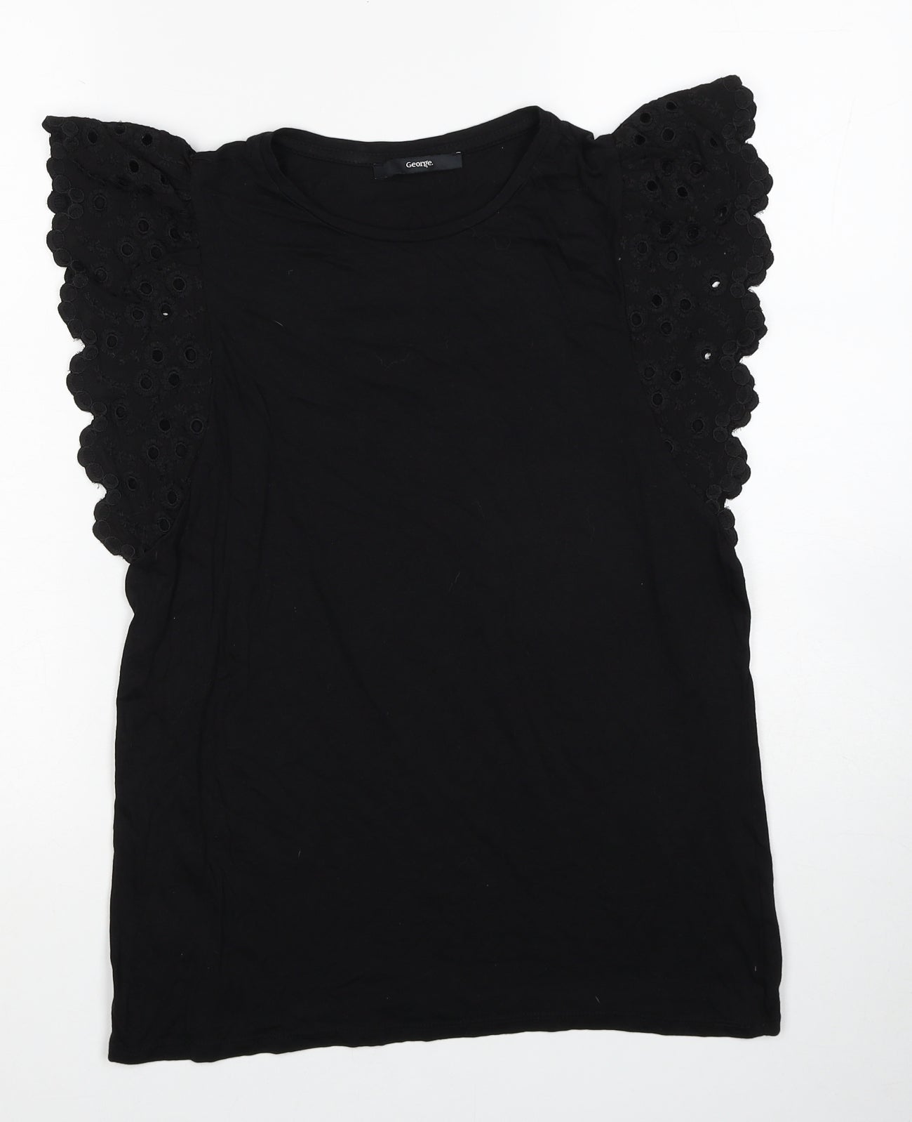 George Womens Black Modal Basic Tank Size 14 Round Neck - Broderie Anglaise Details