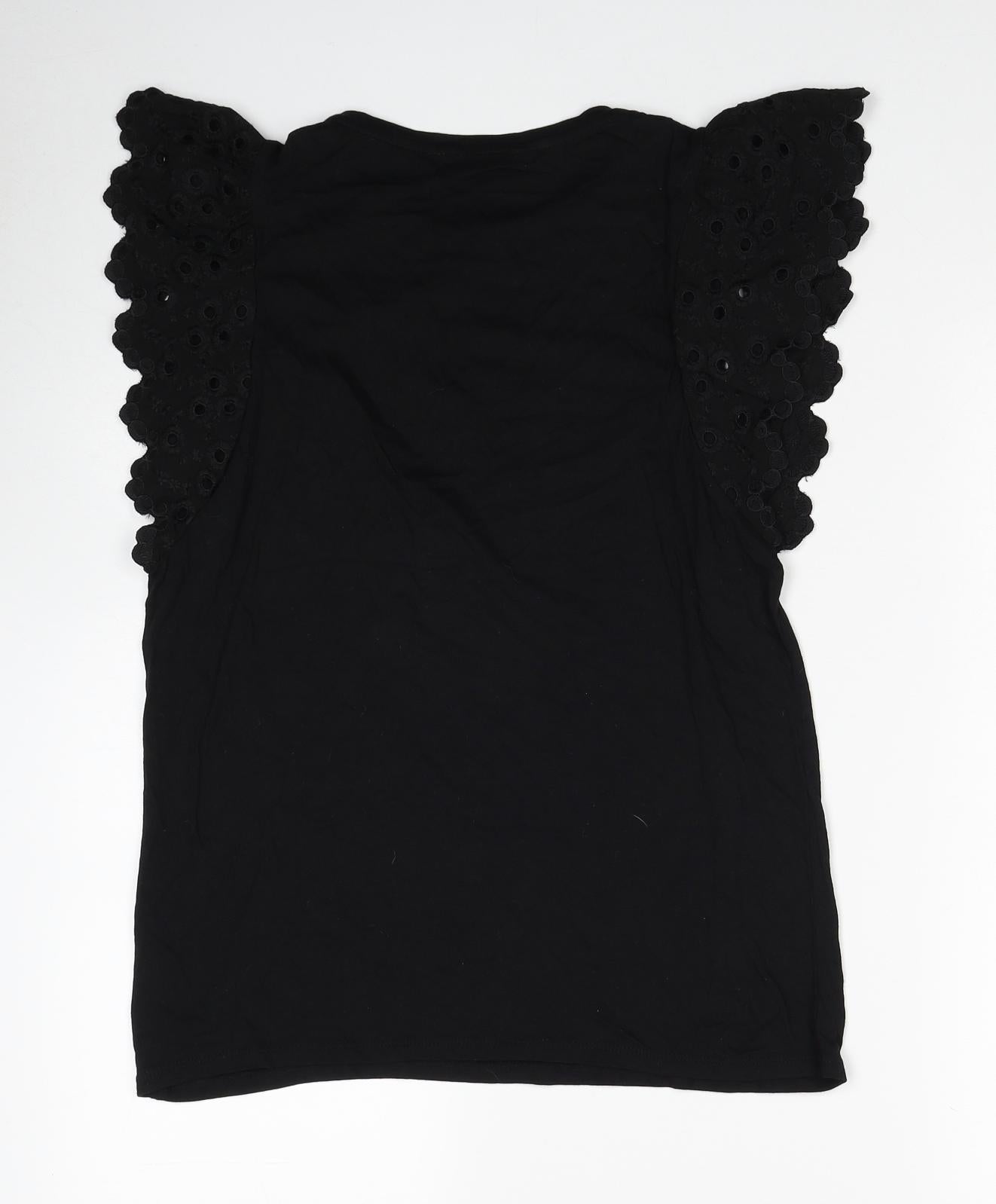 George Womens Black Modal Basic Tank Size 14 Round Neck - Broderie Anglaise Details