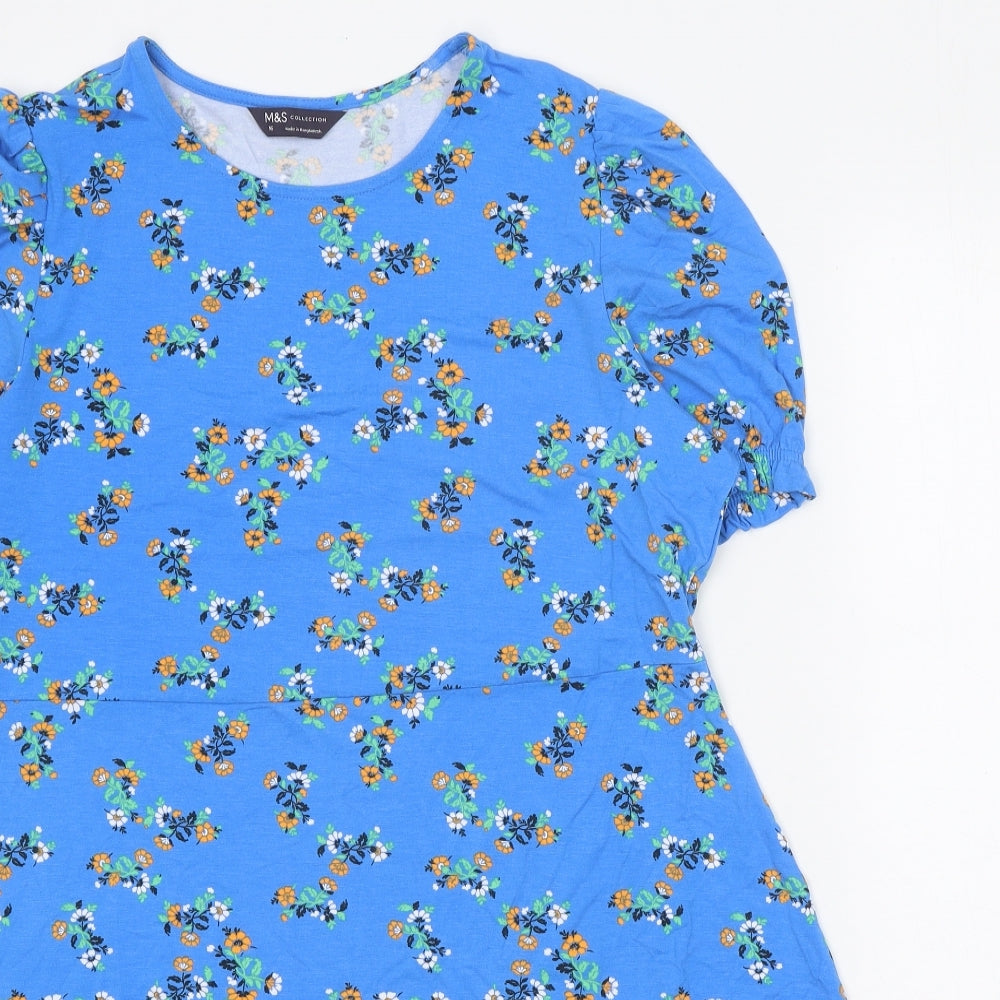Marks and Spencer Womens Blue Floral Viscose A-Line Size 16 Round Neck Pullover