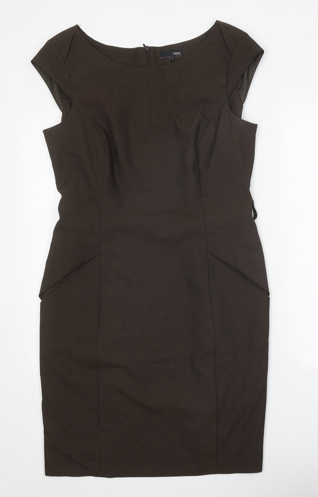 NEXT Womens Brown Herringbone Polyester Pencil Dress Size 14 Boat Neck Zip