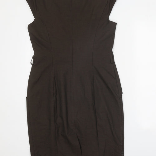NEXT Womens Brown Herringbone Polyester Pencil Dress Size 14 Boat Neck Zip
