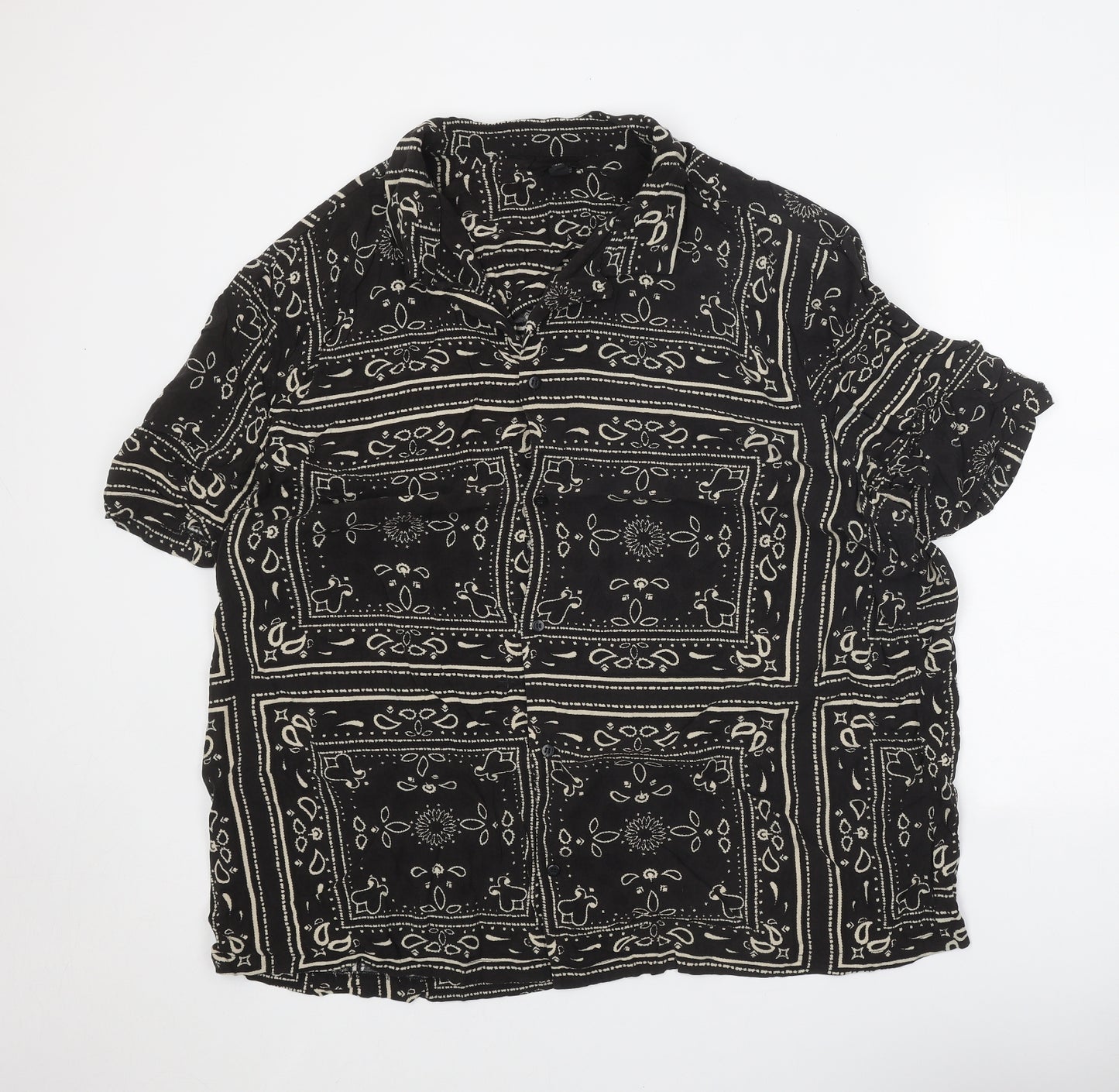 River Island Mens Black Geometric Viscose Button-Up Size 4XL Collared Button - Bandana Print