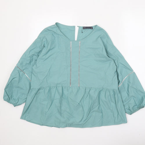 Marks and Spencer Womens Green 100% Cotton Basic Blouse Size 12 Scoop Neck - Smock