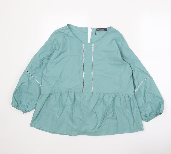 Marks and Spencer Womens Green 100% Cotton Basic Blouse Size 12 Scoop Neck - Smock