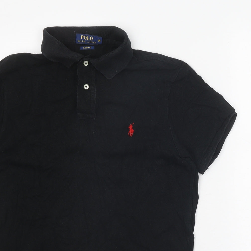 Polo Ralph Lauren Mens Black 100% Cotton Polo Size M Collared Button