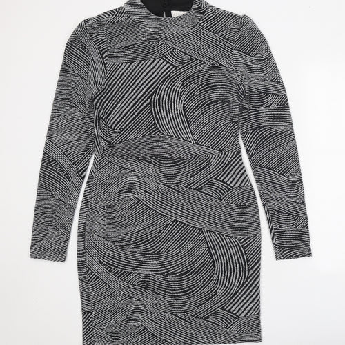 Apricot Womens Black Geometric Nylon Bodycon Size 12 Mock Neck Hook & Eye