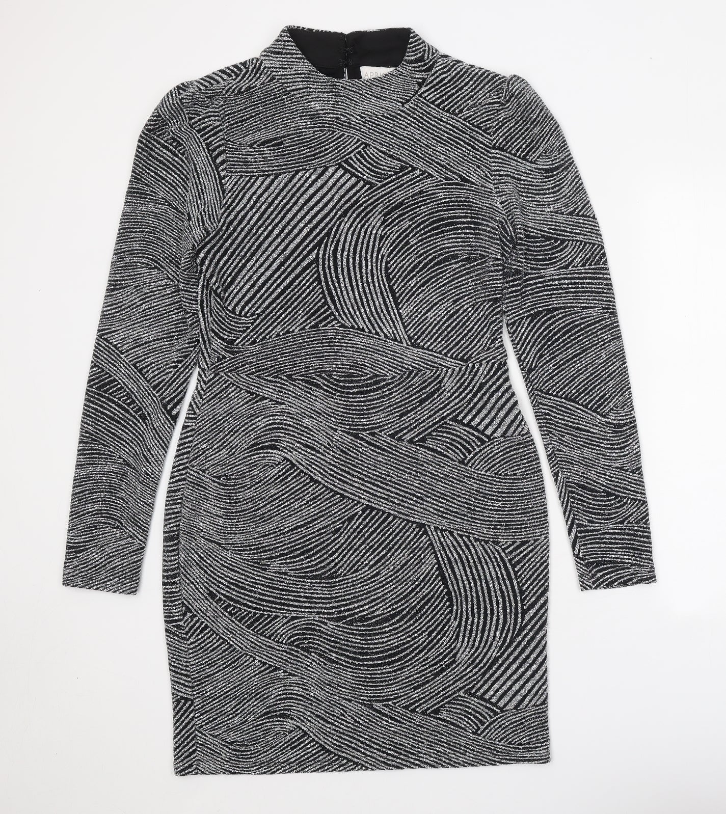 Apricot Womens Black Geometric Nylon Bodycon Size 12 Mock Neck Hook & Eye