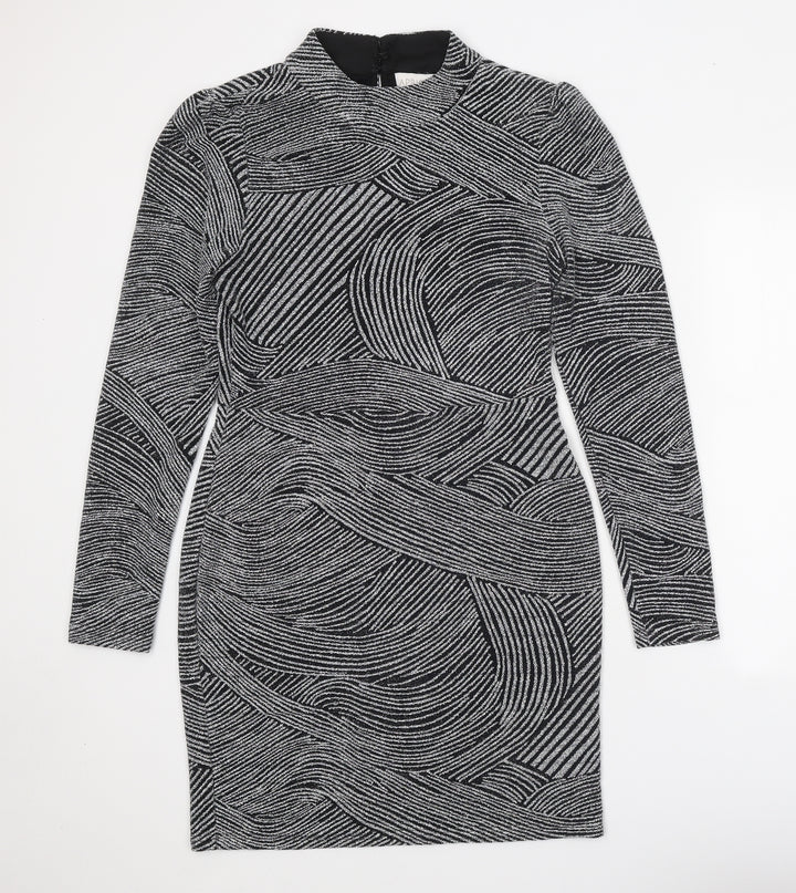 Apricot Womens Black Geometric Nylon Bodycon Size 12 Mock Neck Hook & Eye
