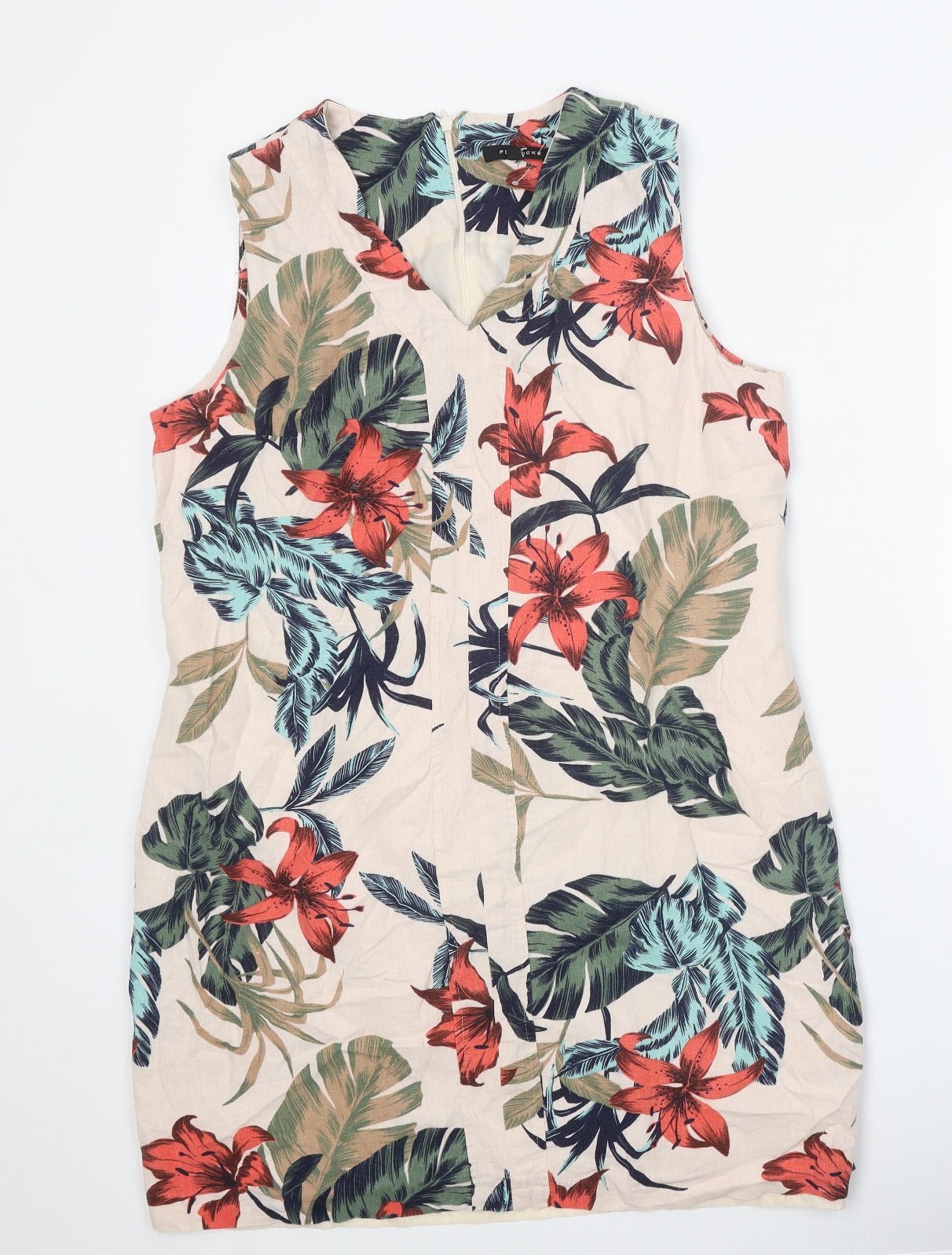 Peacocks Womens Beige Floral Linen Shift Size 16 V-Neck Zip