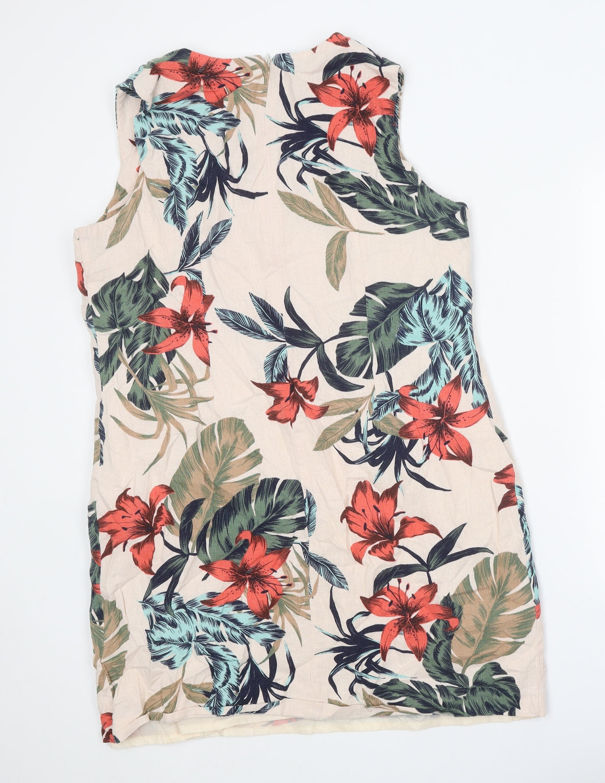 Peacocks Womens Beige Floral Linen Shift Size 16 V-Neck Zip