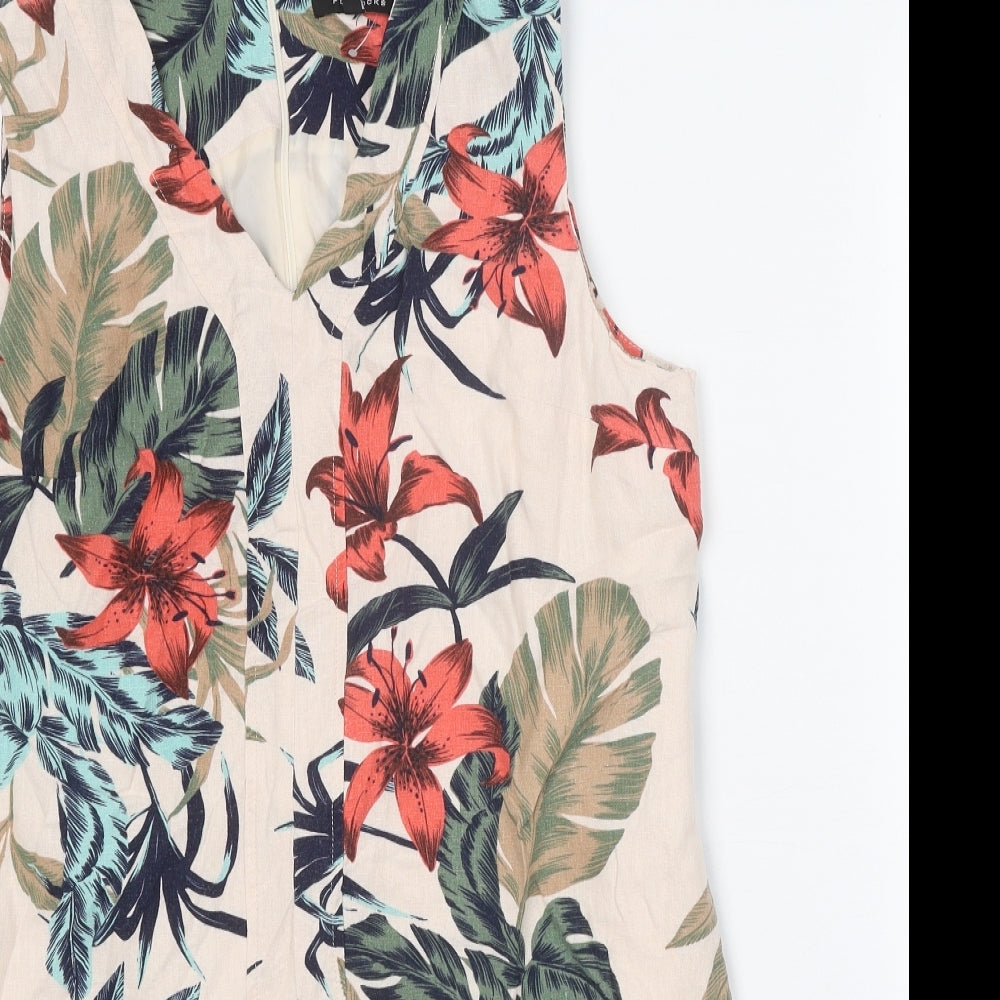 Peacocks Womens Beige Floral Linen Shift Size 16 V-Neck Zip