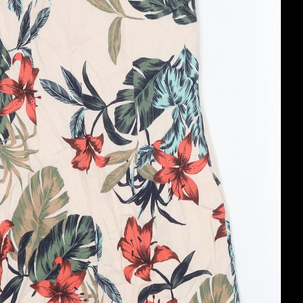 Peacocks Womens Beige Floral Linen Shift Size 16 V-Neck Zip