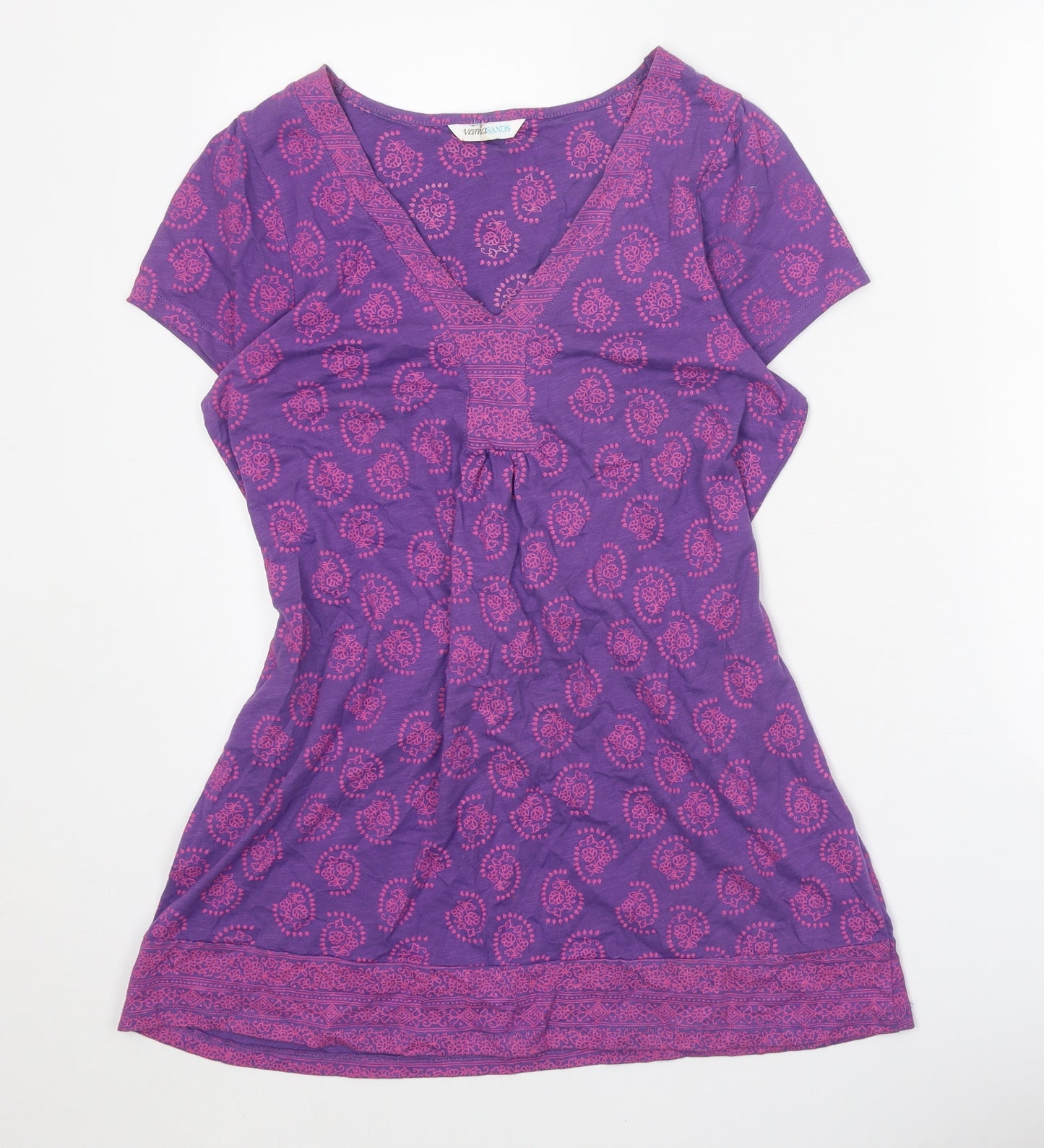 Vanilla Sands Womens Purple Geometric 100% Cotton Tunic T-Shirt Size 14 V-Neck
