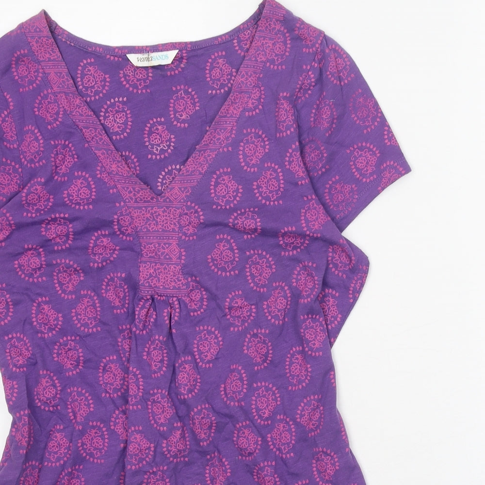Vanilla Sands Womens Purple Geometric 100% Cotton Tunic T-Shirt Size 14 V-Neck